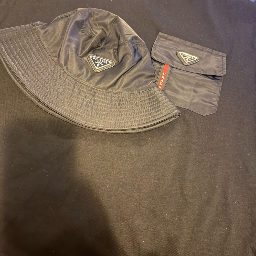 Prada Black Nylon Bucket Hat with shirt